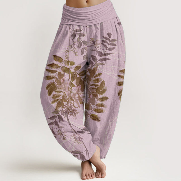 Pantalon sarouel taille élastique pour femme, motif Buddha Stones, pur coton, feuilles vertes et branches