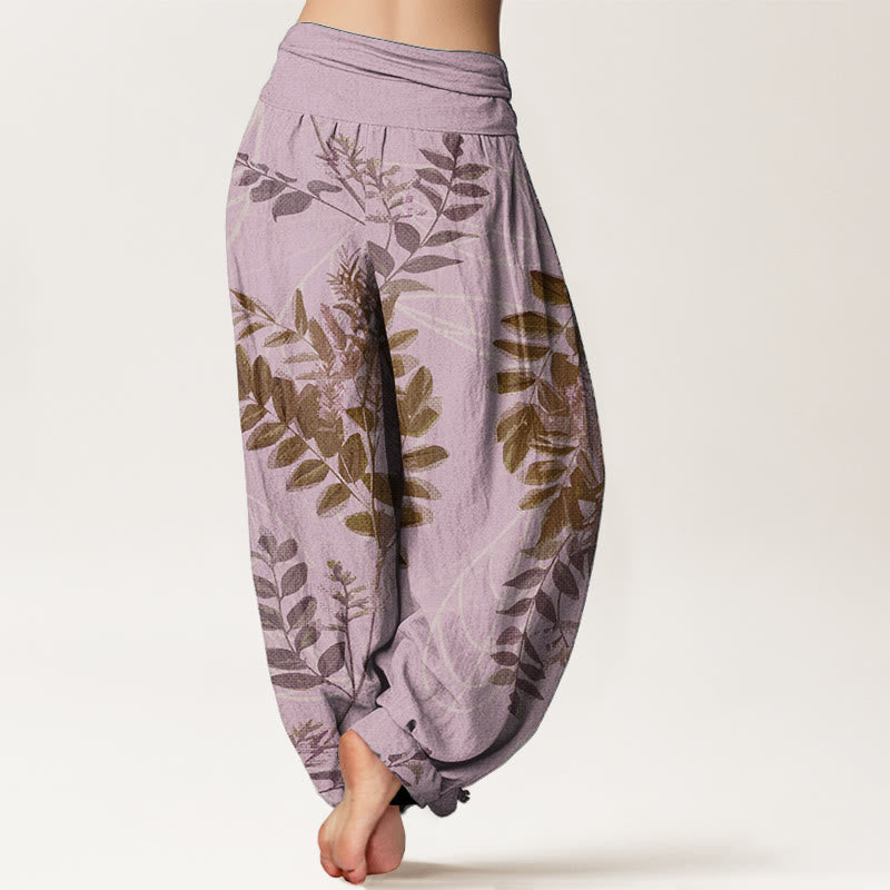 Pantalon sarouel taille élastique pour femme, motif Buddha Stones, pur coton, feuilles vertes et branches