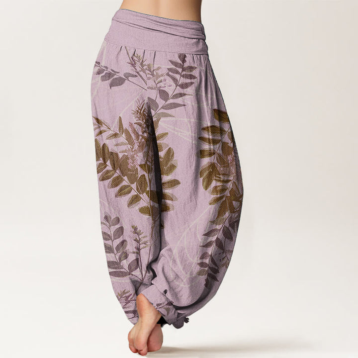 Pantalon sarouel taille élastique pour femme, motif Buddha Stones, pur coton, feuilles vertes et branches