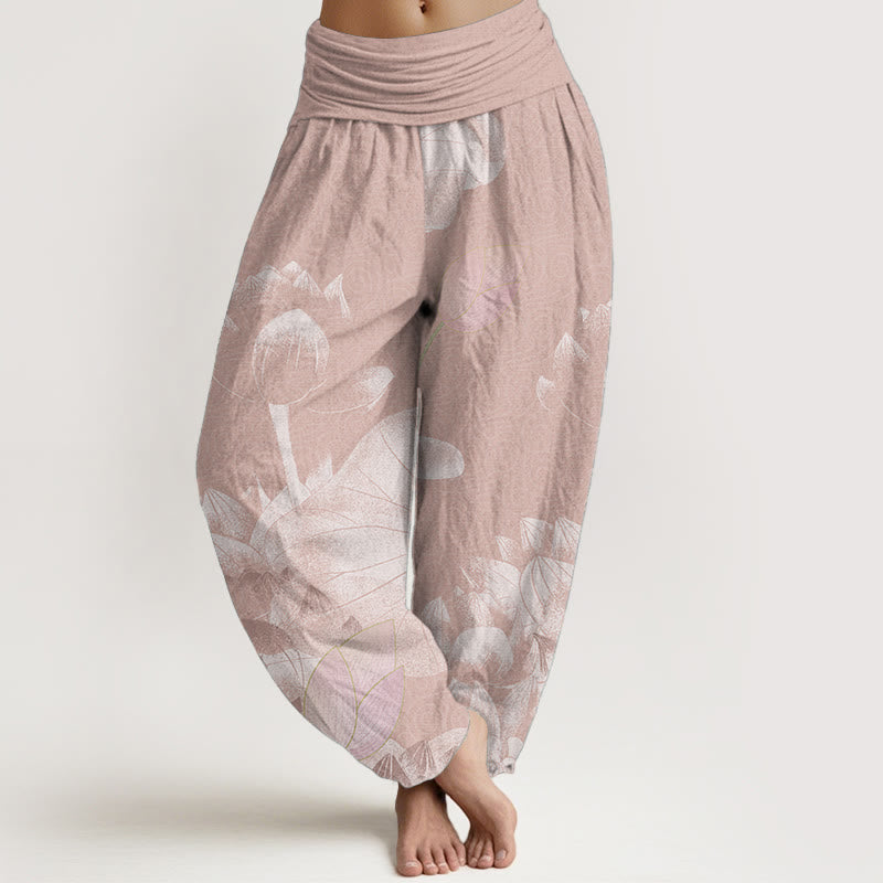 Pantalon sarouel femme taille élastique en pur coton rose et blanc motif lotus Buddha Stones - Saumon foncé - US22，UK/AU26，EU54 (6XL) - image 0