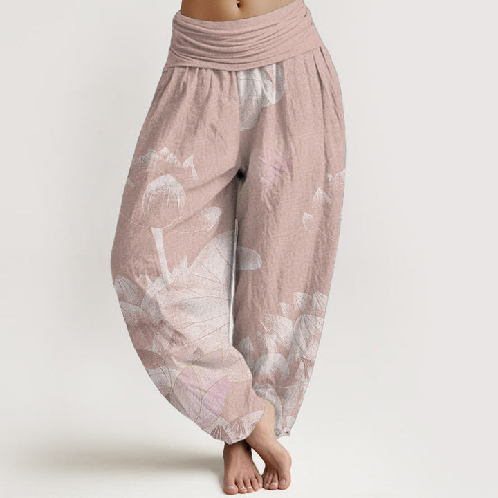 Pantalon sarouel femme taille élastique en pur coton rose et blanc motif lotus Buddha Stones