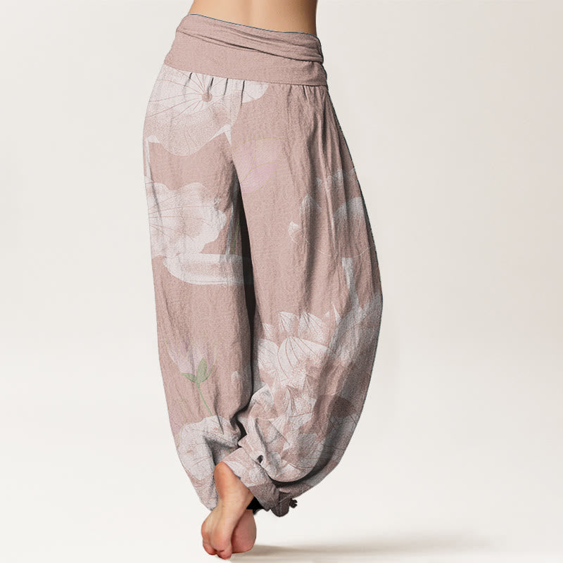 Pantalon sarouel femme taille élastique en pur coton rose et blanc motif lotus Buddha Stones
