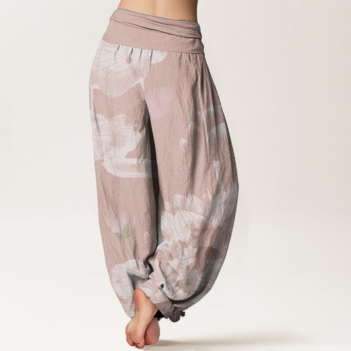 Pantalon sarouel femme taille élastique en pur coton rose et blanc motif lotus Buddha Stones
