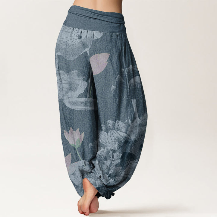 Pantalon sarouel femme taille élastique en pur coton rose et blanc motif lotus Buddha Stones