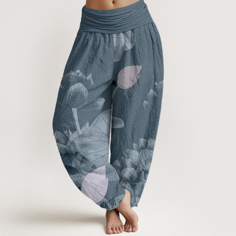 Pantalon sarouel femme taille élastique en pur coton rose et blanc motif lotus Buddha Stones