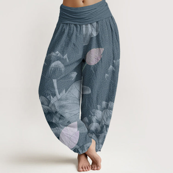 Pantalon sarouel femme taille élastique en pur coton rose et blanc motif lotus Buddha Stones