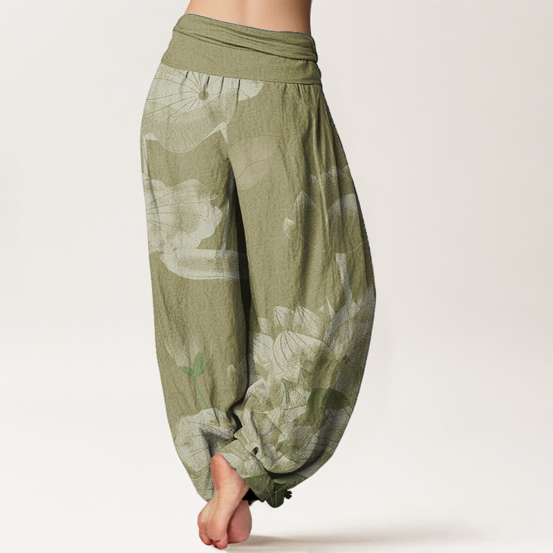 Pantalon sarouel femme taille élastique en pur coton rose et blanc motif lotus Buddha Stones
