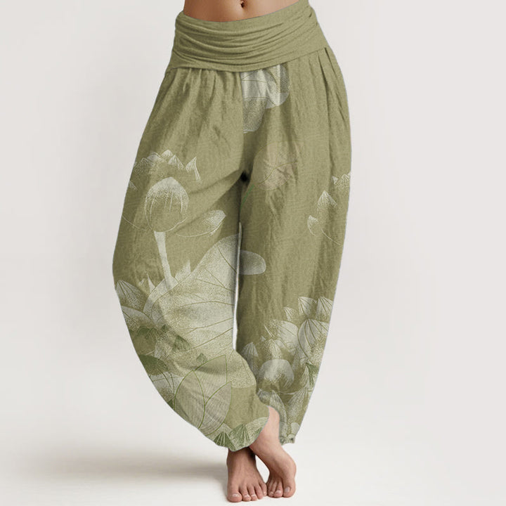Pantalon sarouel femme taille élastique en pur coton rose et blanc motif lotus Buddha Stones