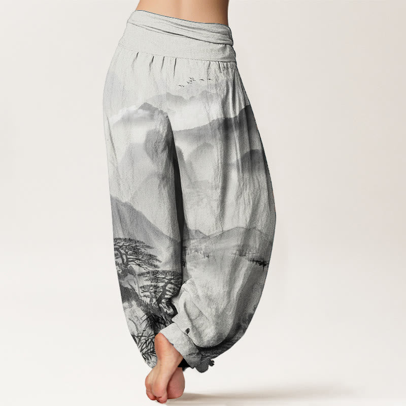 Pantalon sarouel taille élastique pour femme, motif Buddha Stones, pur coton, montagnes, arbres, paysage, peinture à l'encre