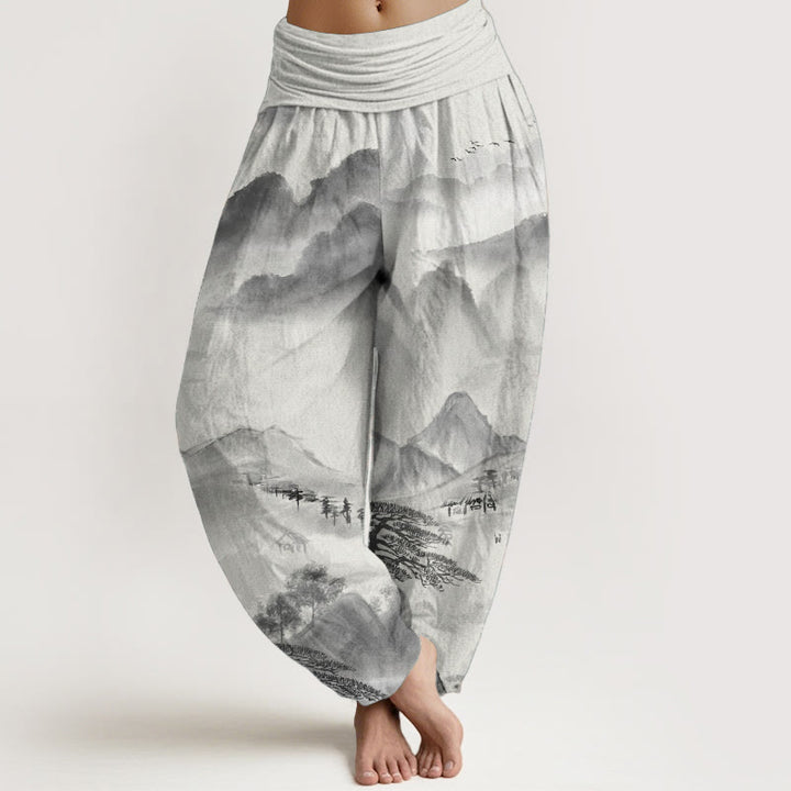 Pantalon sarouel taille élastique pour femme, motif Buddha Stones, pur coton, montagnes, arbres, paysage, peinture à l'encre