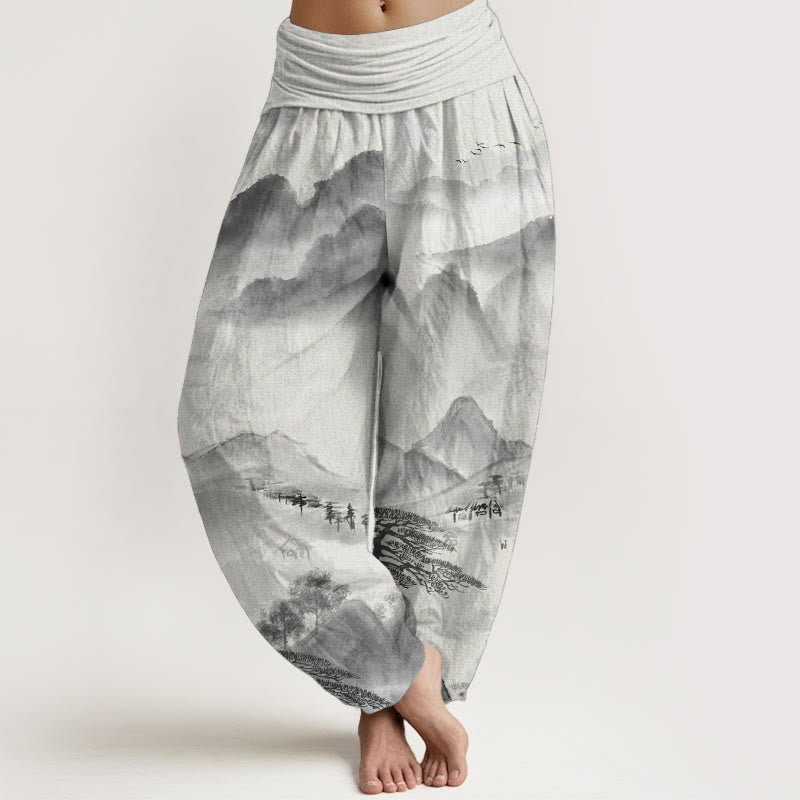 Pantalon sarouel taille élastique pour femme, motif Buddha Stones, pur coton, montagnes, arbres, paysage, peinture à l'encre - Gris - US22，UK/AU26，EU54 (6XL) - image 0