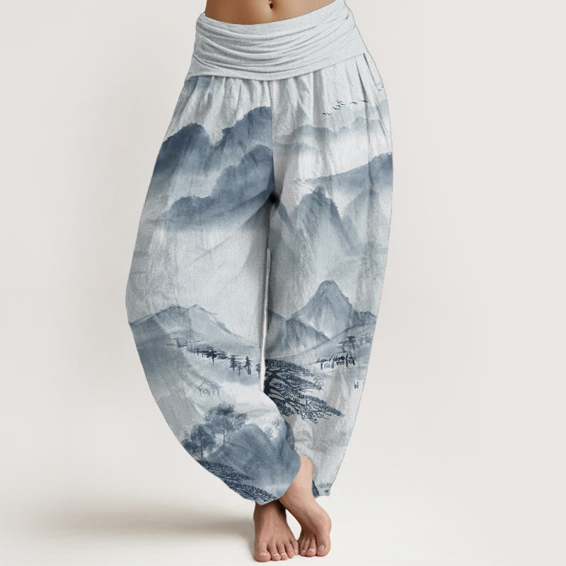 Pantalon sarouel taille élastique pour femme, motif Buddha Stones, pur coton, montagnes, arbres, paysage, peinture à l'encre