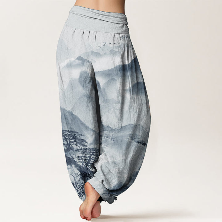 Pantalon sarouel taille élastique pour femme, motif Buddha Stones, pur coton, montagnes, arbres, paysage, peinture à l'encre