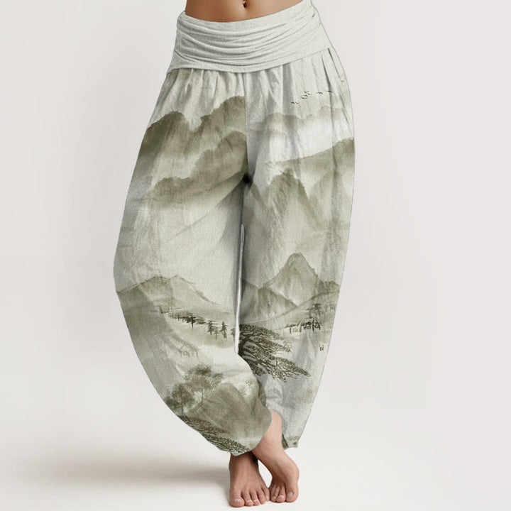 Pantalon sarouel taille élastique pour femme, motif Buddha Stones, pur coton, montagnes, arbres, paysage, peinture à l'encre