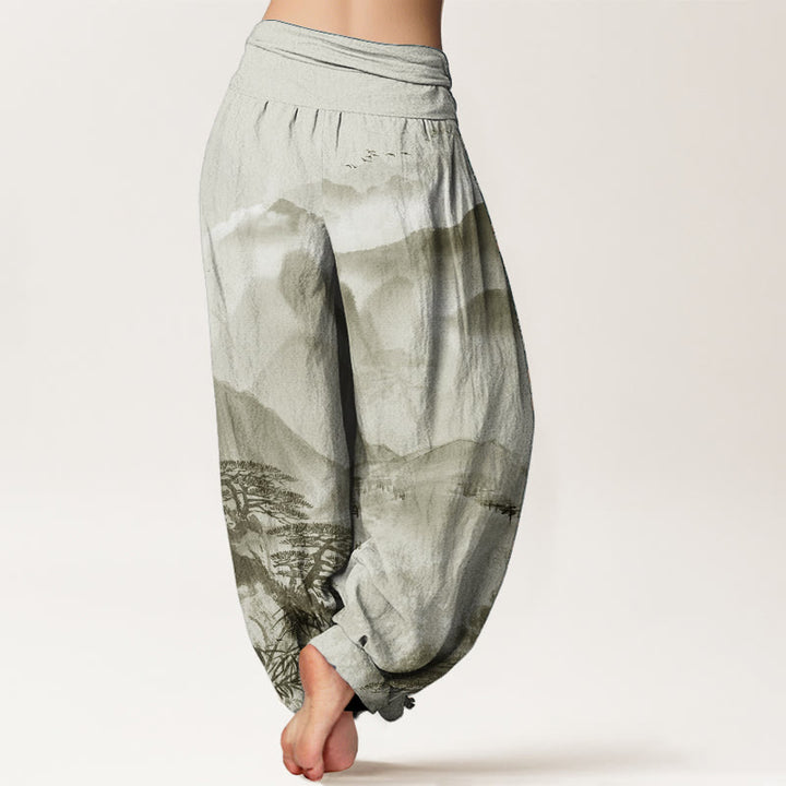Pantalon sarouel taille élastique pour femme, motif Buddha Stones, pur coton, montagnes, arbres, paysage, peinture à l'encre