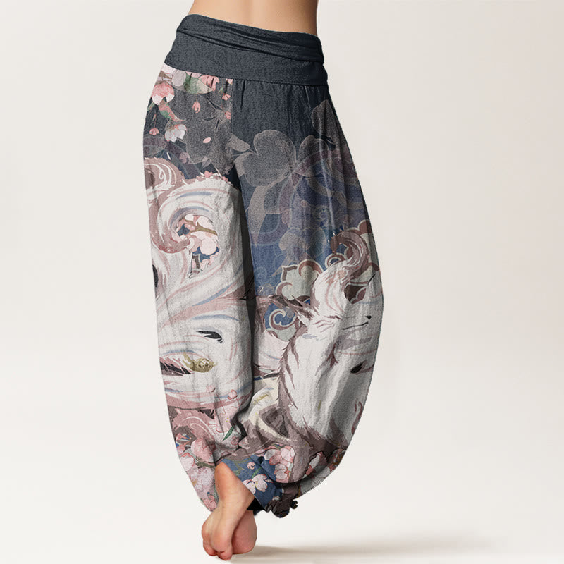 Pantalon sarouel taille élastique pour femme en pur coton motif renard et fleurs de cerisier Buddha Stones