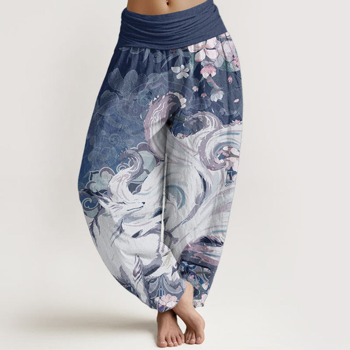 Pantalon sarouel taille élastique pour femme en pur coton motif renard et fleurs de cerisier Buddha Stones