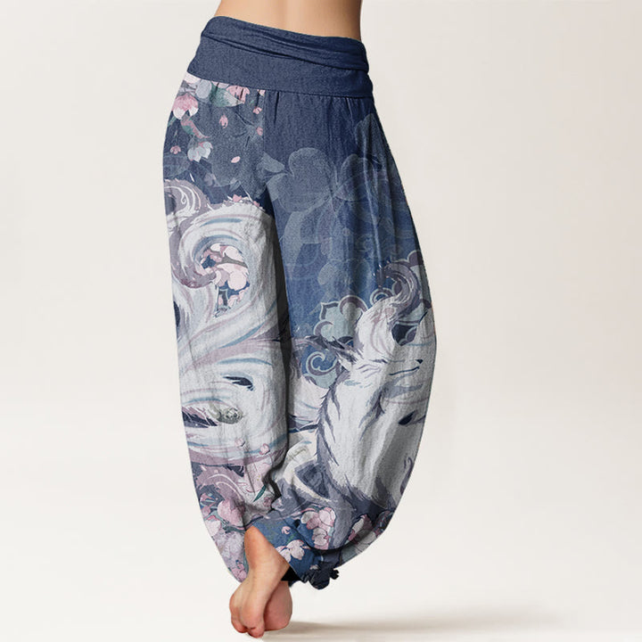 Pantalon sarouel taille élastique pour femme en pur coton motif renard et fleurs de cerisier Buddha Stones