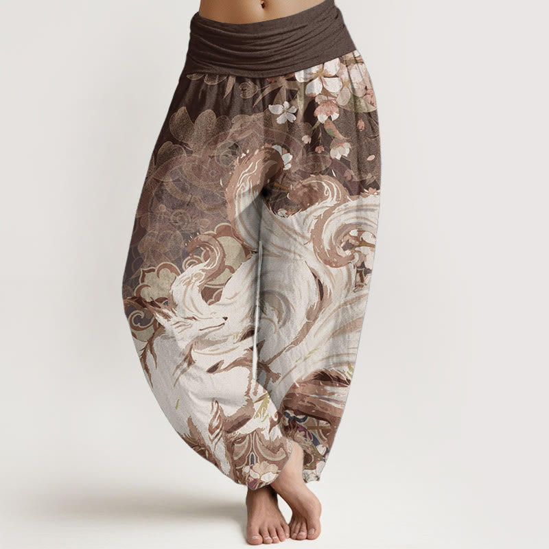 Pantalon sarouel taille élastique pour femme en pur coton motif renard et fleurs de cerisier Buddha Stones