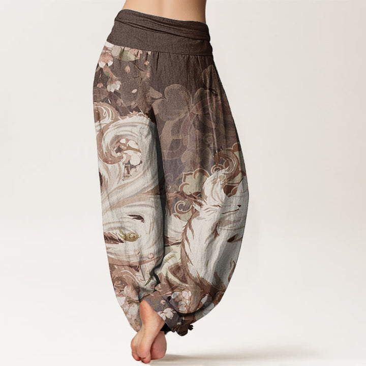 Pantalon sarouel taille élastique pour femme en pur coton motif renard et fleurs de cerisier Buddha Stones
