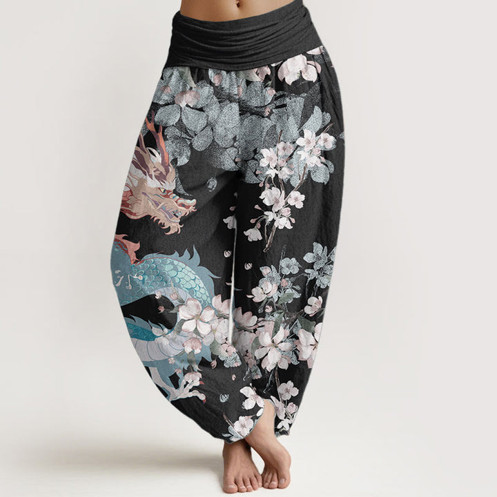 Pantalon Buddha Stones décontracté en pur coton avec motif de dragon et de fleurs de cerisier pour femme, taille élastique