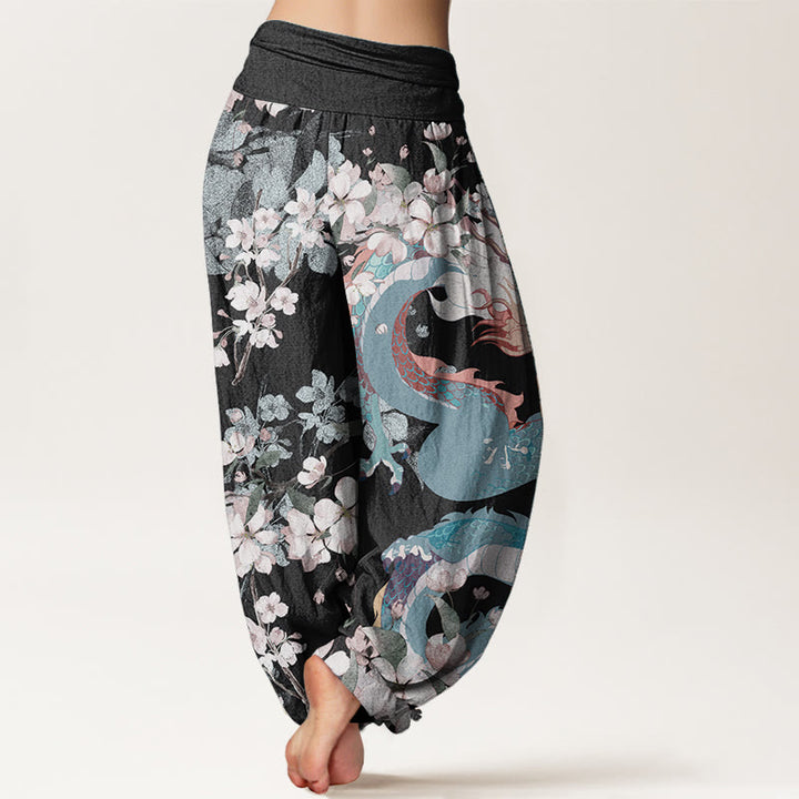 Pantalon Buddha Stones décontracté en pur coton avec motif de dragon et de fleurs de cerisier pour femme, taille élastique