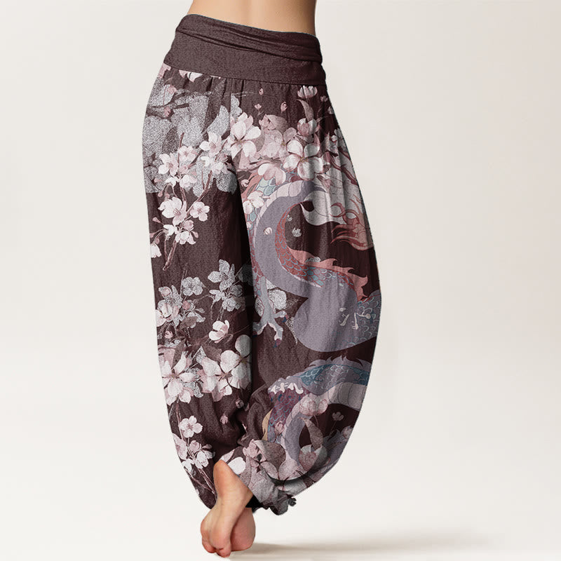 Pantalon Buddha Stones décontracté en pur coton avec motif de dragon et de fleurs de cerisier pour femme, taille élastique