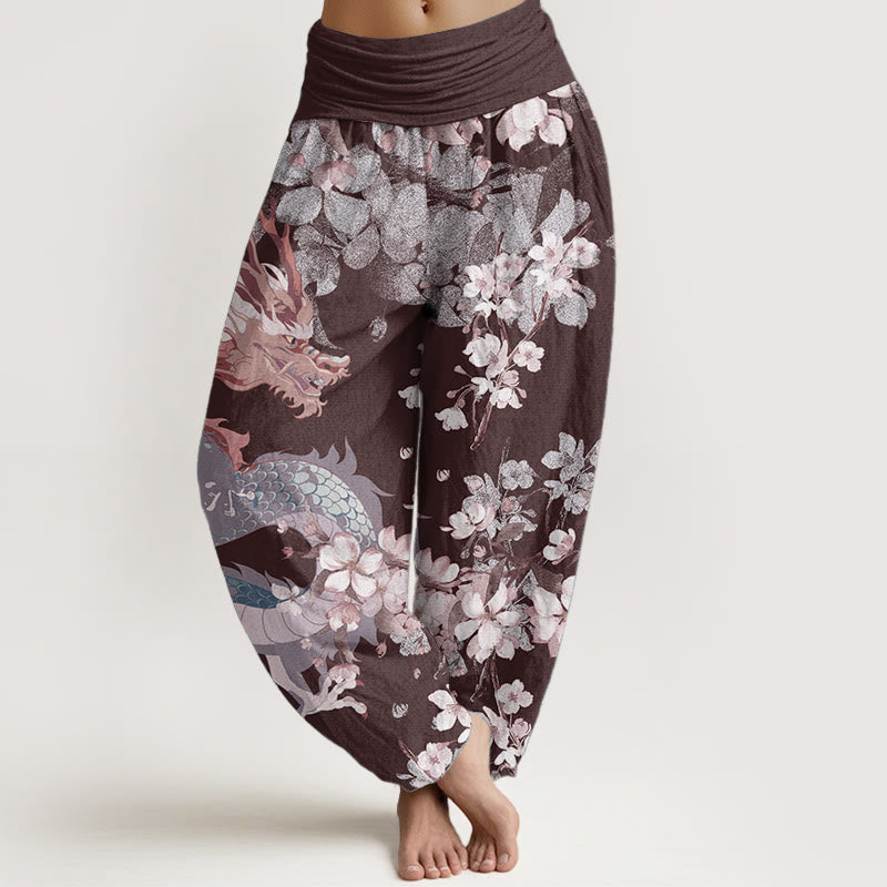 Pantalon Buddha Stones décontracté en pur coton avec motif de dragon et de fleurs de cerisier pour femme, taille élastique