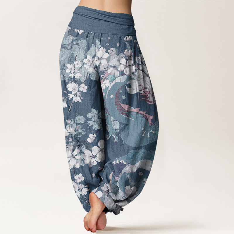 Pantalon Buddha Stones décontracté en pur coton avec motif de dragon et de fleurs de cerisier pour femme, taille élastique