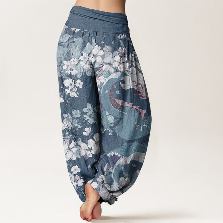 Pantalon Buddha Stones décontracté en pur coton avec motif de dragon et de fleurs de cerisier pour femme, taille élastique