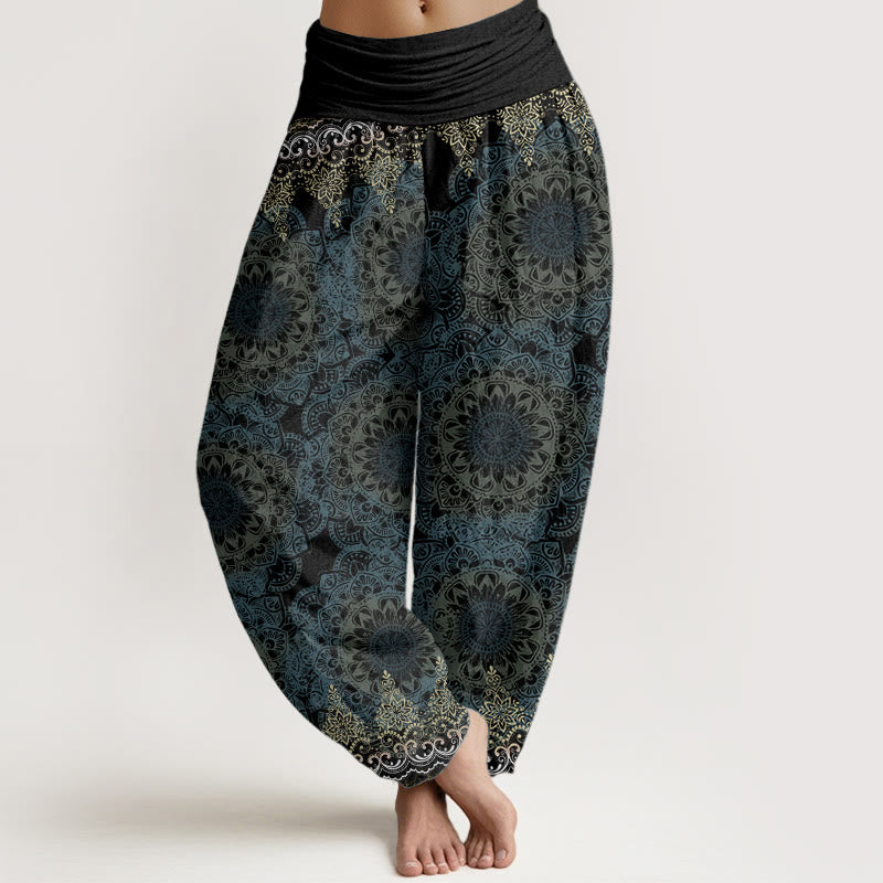 Pantalon sarouel femme en pur coton à motifs mandalas triangulaires et Buddha Stones, taille élastique