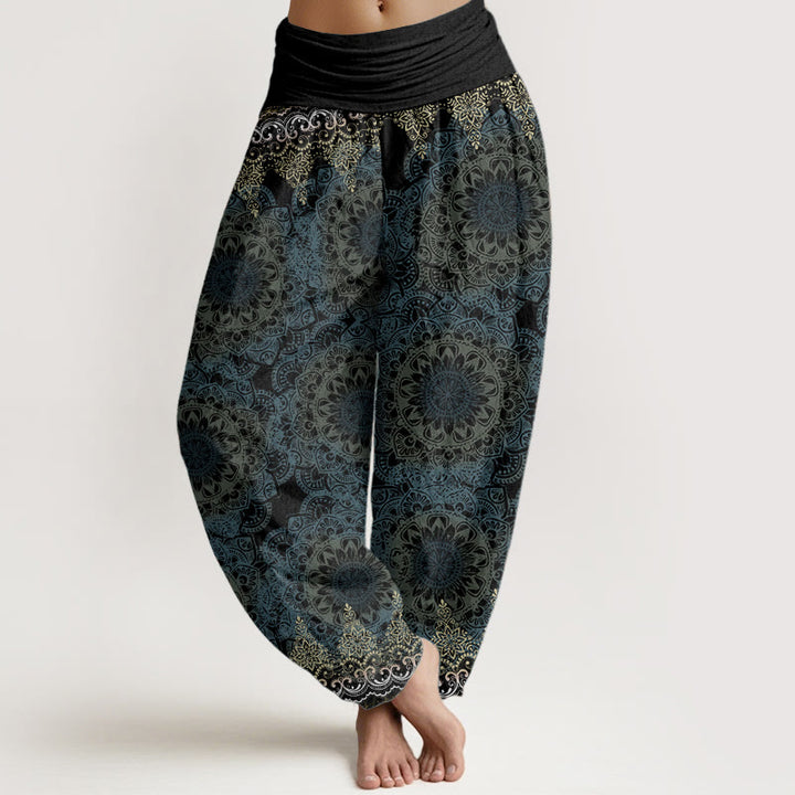 Pantalon sarouel femme en pur coton à motifs mandalas triangulaires et Buddha Stones, taille élastique