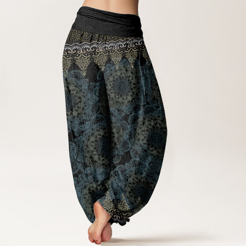 Pantalon sarouel femme en pur coton à motifs mandalas triangulaires et Buddha Stones, taille élastique