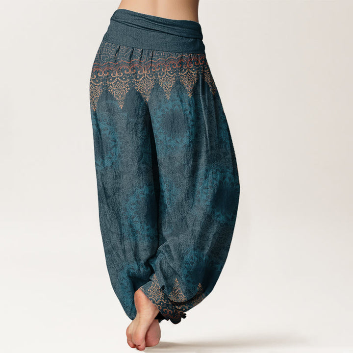 Pantalon sarouel femme en pur coton à motifs mandalas triangulaires et Buddha Stones, taille élastique