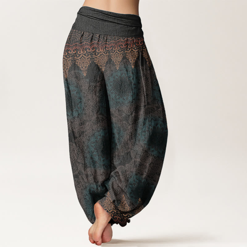 Pantalon sarouel femme en pur coton à motifs mandalas triangulaires et Buddha Stones, taille élastique