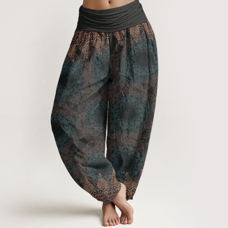 Pantalon sarouel femme en pur coton à motifs mandalas triangulaires et Buddha Stones, taille élastique