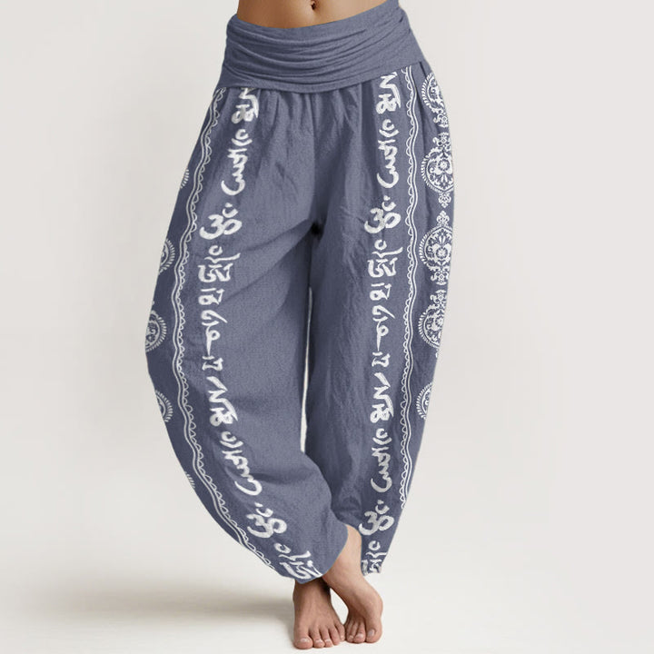 Pantalon sarouel femme taille élastique motif Buddha Stones en pur coton Mandala Om Mani Padme Hum - SteelBlue - US22，UK/AU26，EU54 (6XL) - image 0