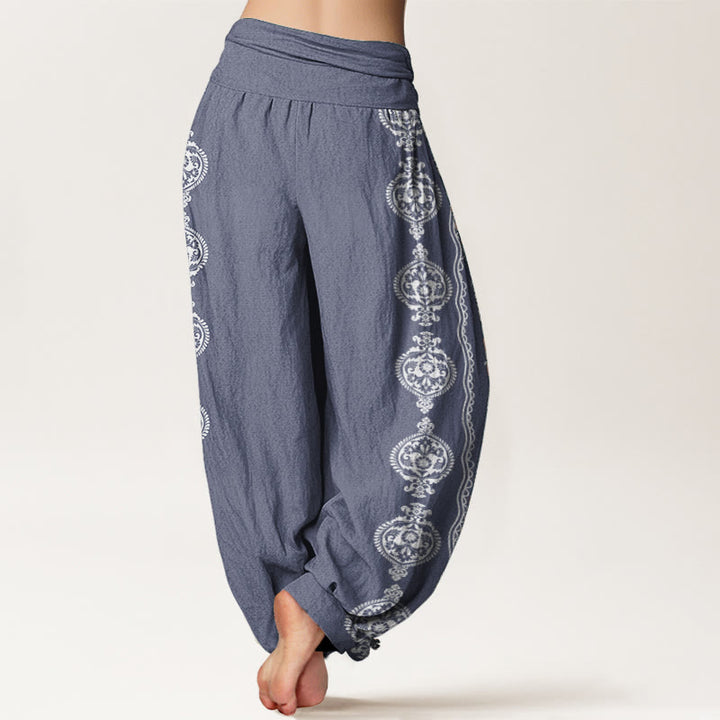 Pantalon sarouel femme taille élastique motif Buddha Stones en pur coton Mandala Om Mani Padme Hum