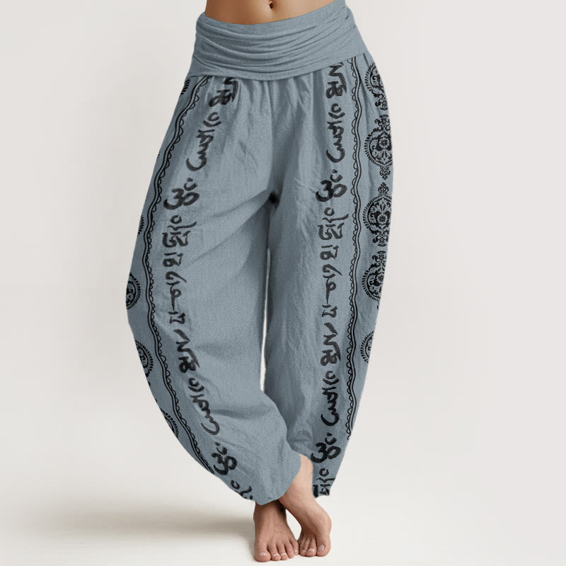 Pantalon sarouel femme taille élastique motif Buddha Stones en pur coton Mandala Om Mani Padme Hum