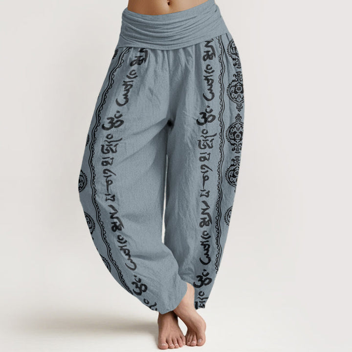 Pantalon sarouel femme taille élastique motif Buddha Stones en pur coton Mandala Om Mani Padme Hum