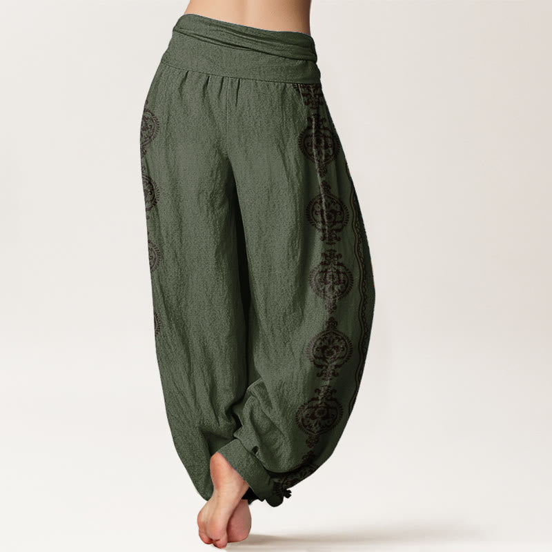 Pantalon sarouel femme taille élastique motif Buddha Stones en pur coton Mandala Om Mani Padme Hum