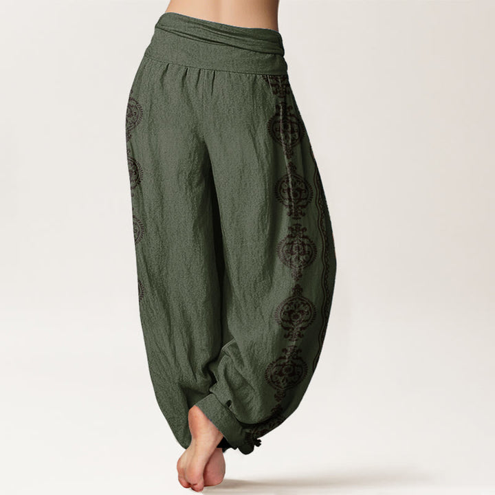 Pantalon sarouel femme taille élastique motif Buddha Stones en pur coton Mandala Om Mani Padme Hum
