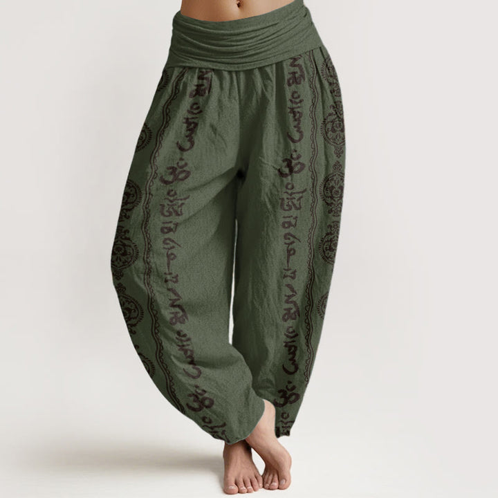 Pantalon sarouel femme taille élastique motif Buddha Stones en pur coton Mandala Om Mani Padme Hum