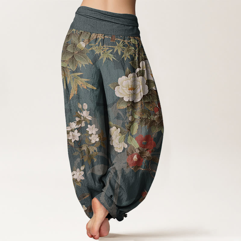 Pantalon sarouel décontracté en pur coton avec Buddha Stones , motif fleurs de pivoine et feuilles de pie, taille élastique pour femme