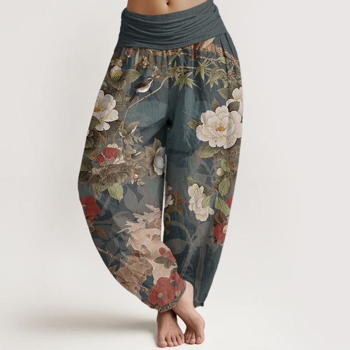 Pantalon sarouel décontracté en pur coton avec Buddha Stones , motif fleurs de pivoine et feuilles de pie, taille élastique pour femme