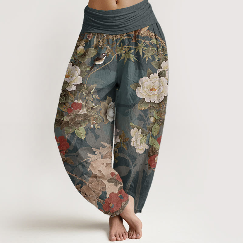 Pantalon sarouel décontracté en pur coton avec Buddha Stones , motif fleurs de pivoine et feuilles de pie, taille élastique pour femme - Sarcelle - US22，UK/AU26，EU54 (6XL) - image 0
