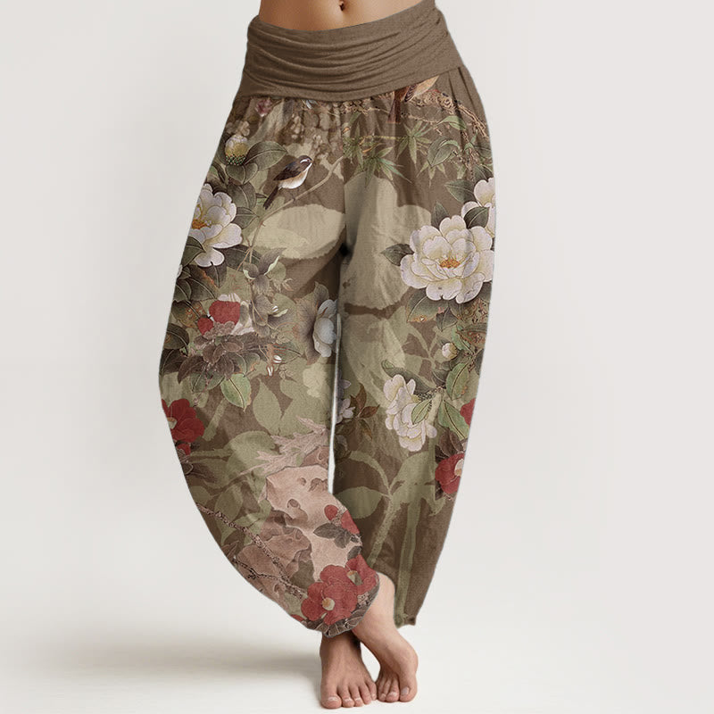 Pantalon sarouel décontracté en pur coton avec Buddha Stones , motif fleurs de pivoine et feuilles de pie, taille élastique pour femme