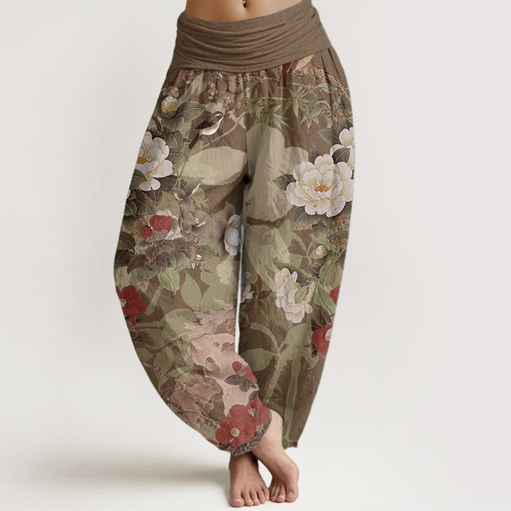 Pantalon sarouel décontracté en pur coton avec Buddha Stones , motif fleurs de pivoine et feuilles de pie, taille élastique pour femme