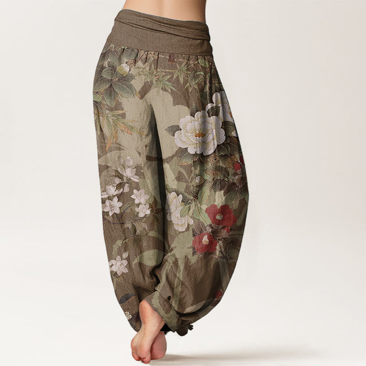 Pantalon sarouel décontracté en pur coton avec Buddha Stones , motif fleurs de pivoine et feuilles de pie, taille élastique pour femme