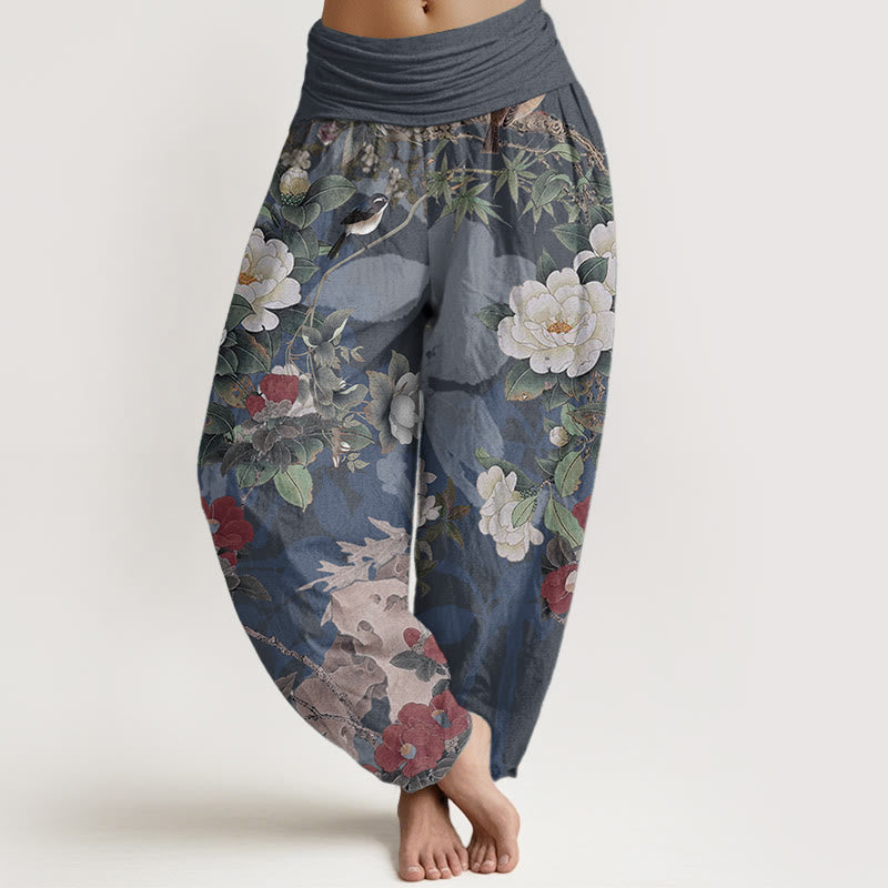 Pantalon sarouel décontracté en pur coton avec Buddha Stones , motif fleurs de pivoine et feuilles de pie, taille élastique pour femme